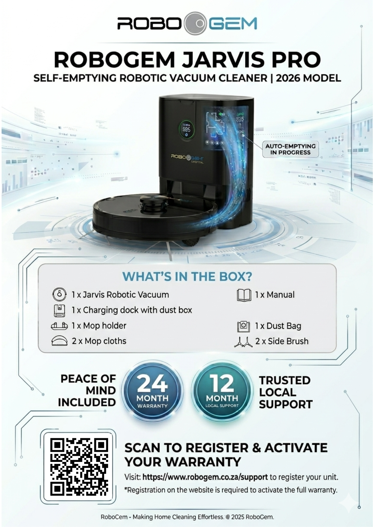 RoboGem Jarvis Pro Self Emptying Robotic Vacuum Cleaner & Mop- 2026 Model - New Release